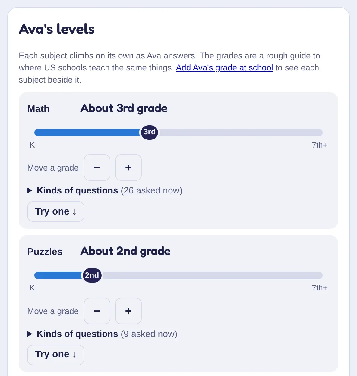 Ava's levels: Math about 3rd grade and Puzzles about 2nd grade, each on a kindergarten-to-7th slider with buttons to move a grade and to try a question.