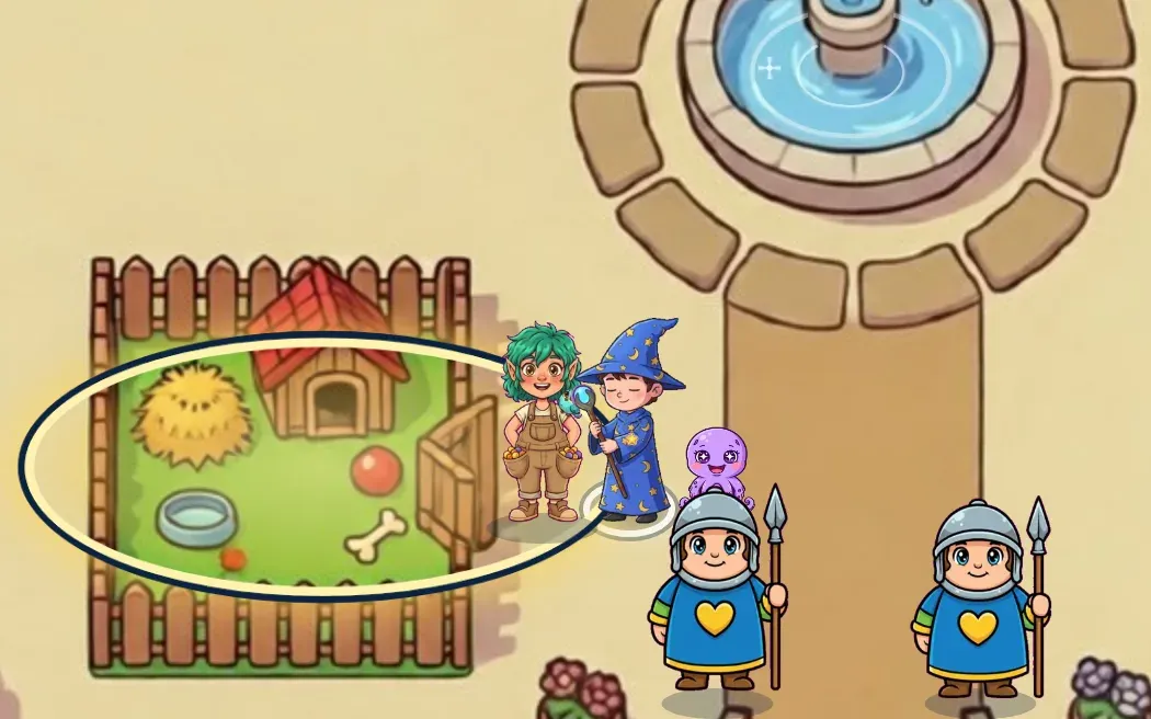 A wizard hero walks out of Fen's pet pen in the castle courtyard, with Fen beside him and a little purple octopus following at his feet.