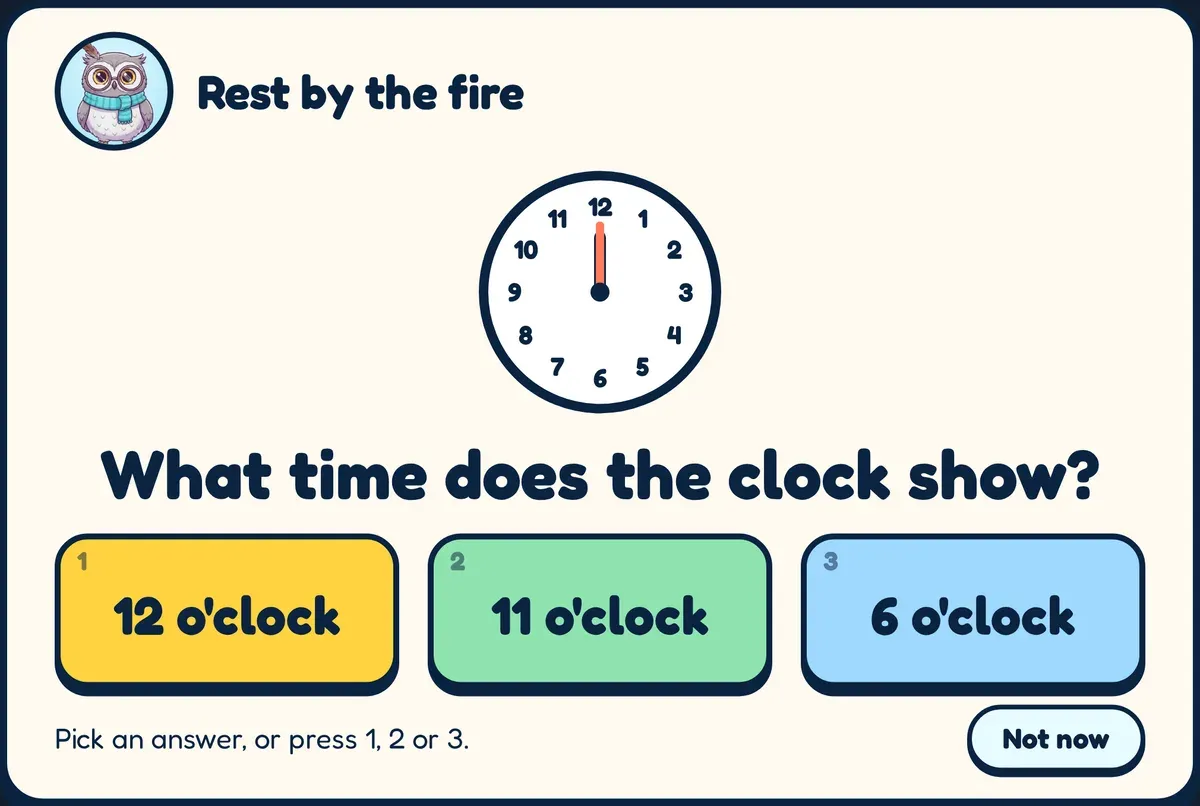 A math question: a clock with both hands on 12, “What time does the clock show?”, and the answers 12 o'clock, 11 o'clock and 6 o'clock.