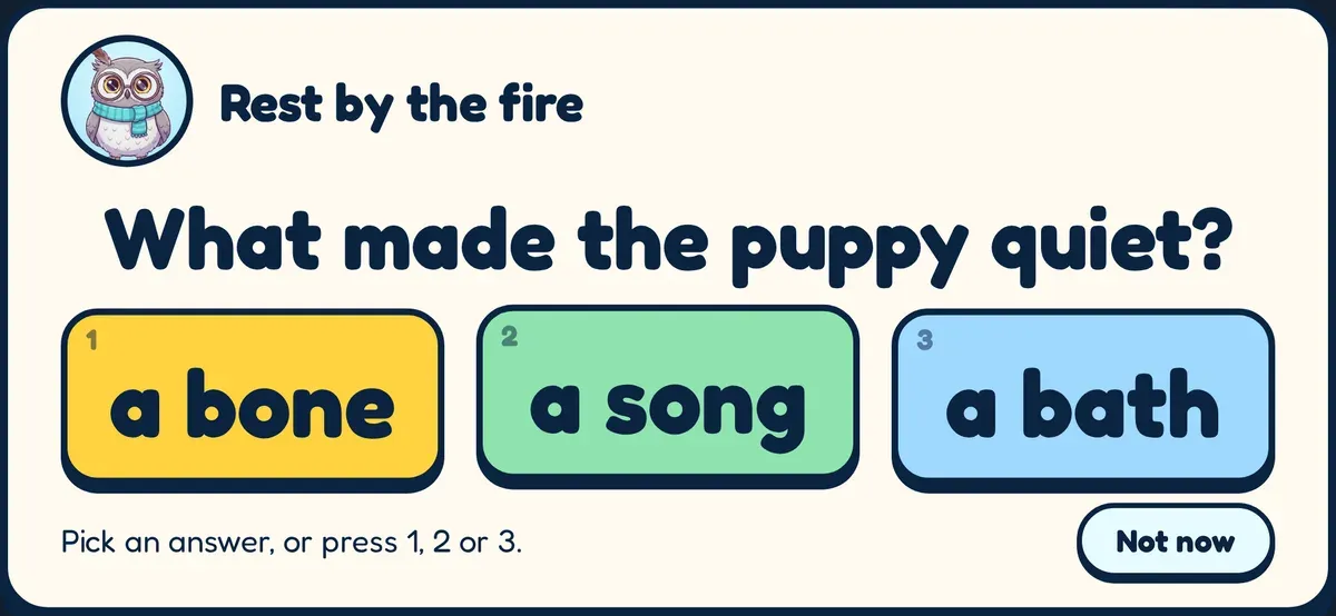 A reading question after a short story: “What made the puppy quiet?” with the answers a bone, a song and a bath.
