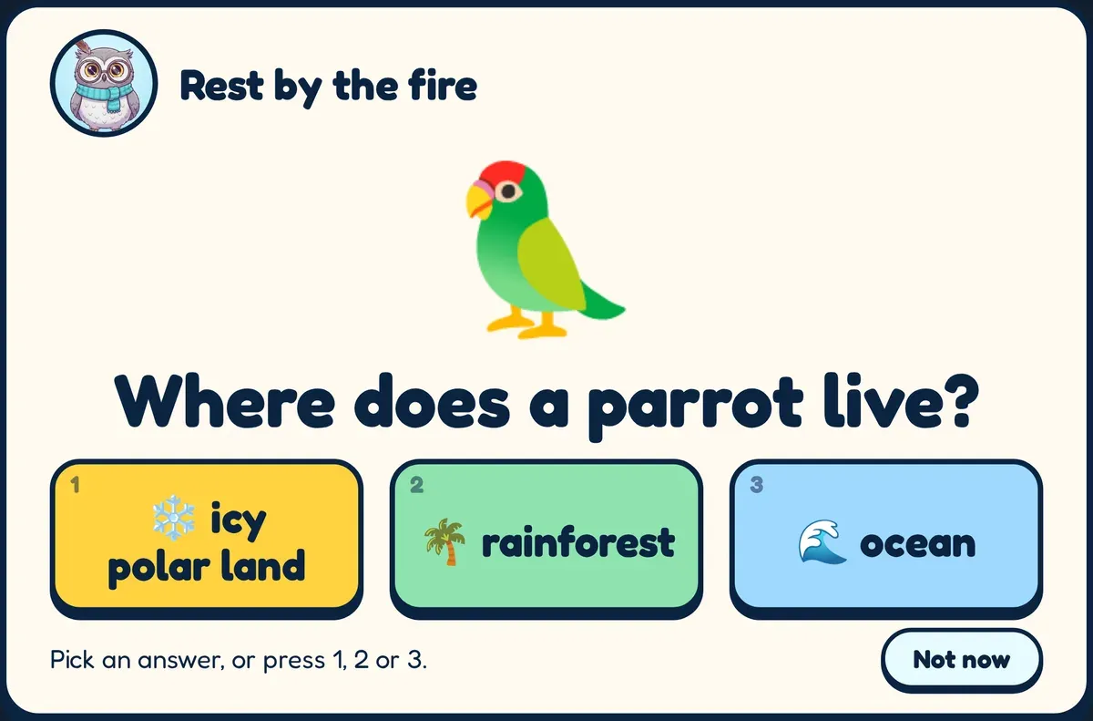 A science question: a parrot and “Where does a parrot live?” with the answers icy polar land, rainforest and ocean.