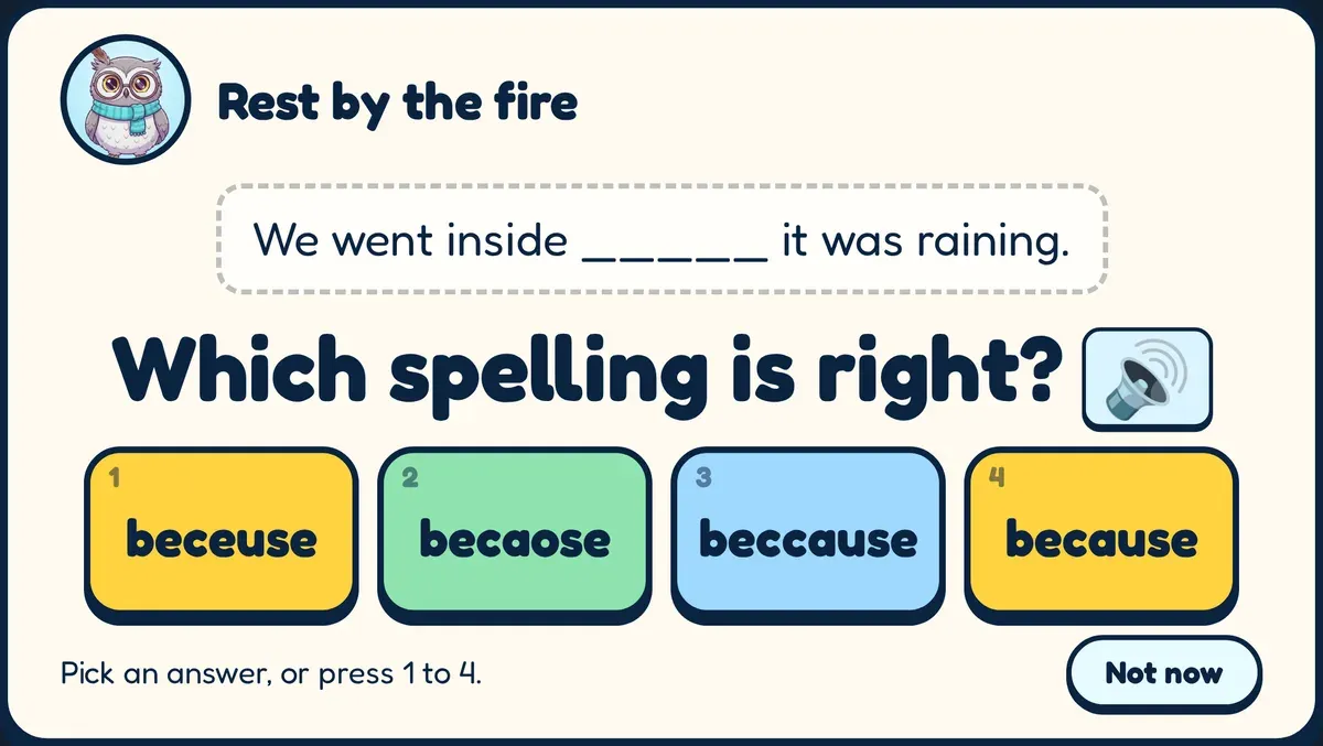 A spelling question: “We went inside ____ it was raining. Which spelling is right?” with because and three misspellings.