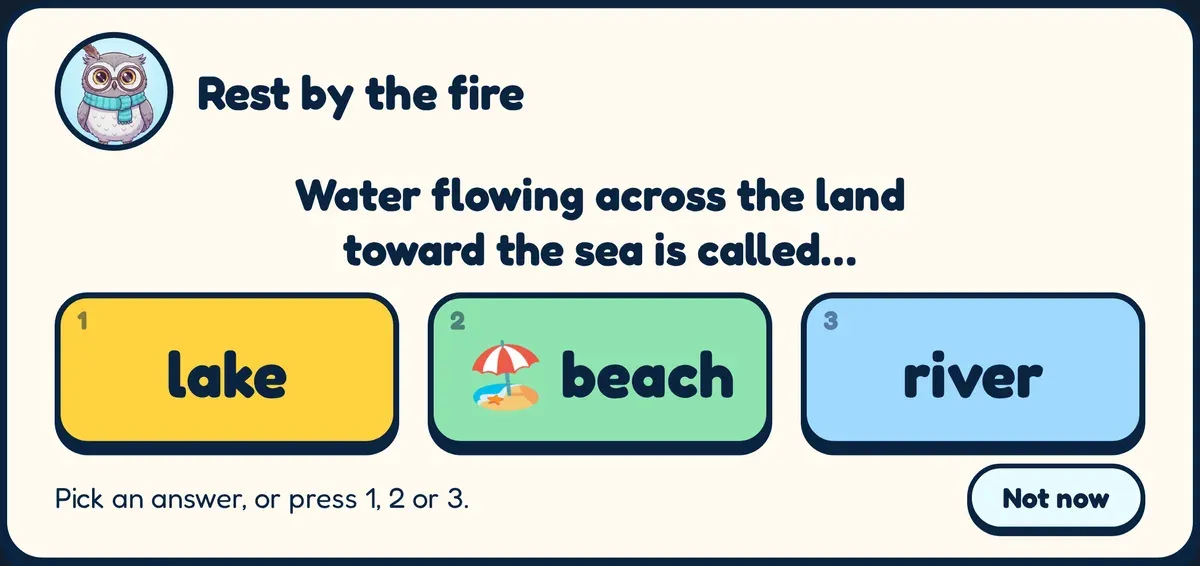 An Our World question: “Water flowing across the land toward the sea is called…” with the answers lake, beach and river.