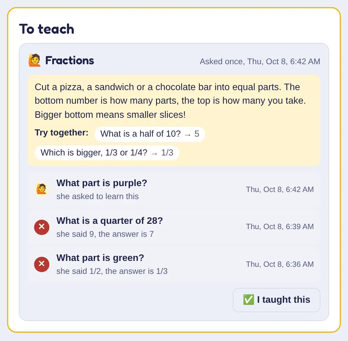 Ava's To teach list: Fractions, asked once, with a tip about cutting a pizza into equal parts, two questions to try together, two questions she missed, and an I taught this button.